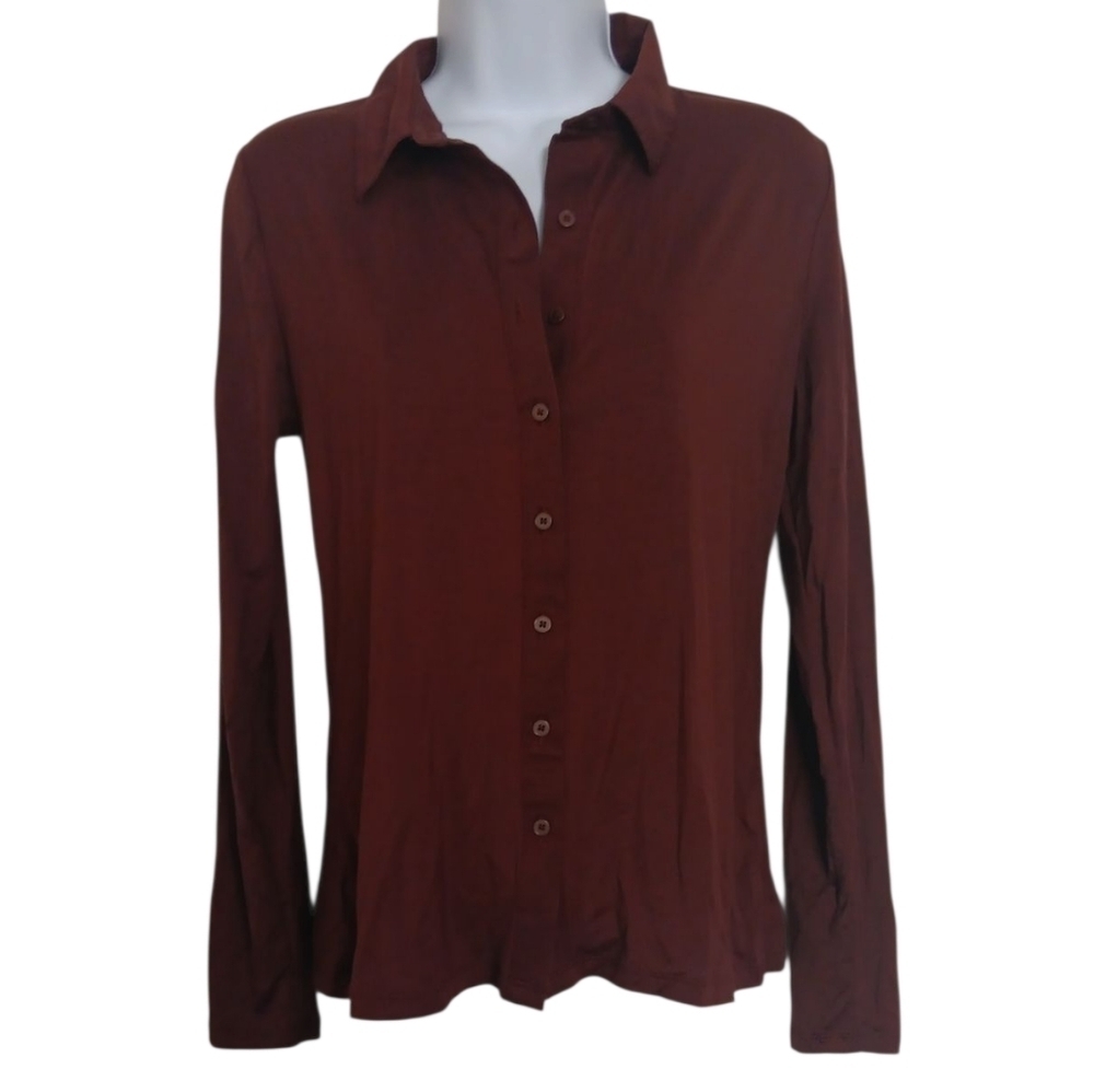 Loft Maroon Lyocell Long Sleeve Collared Button Up Size Small